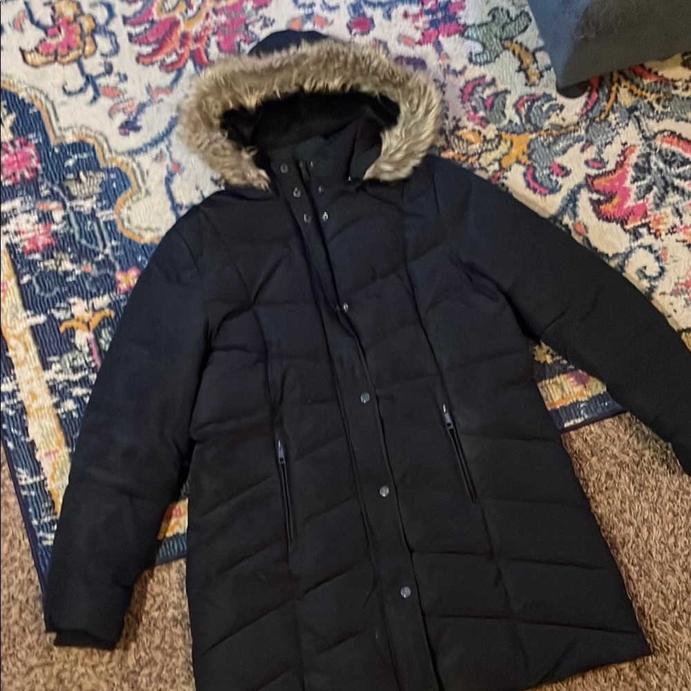 Women's Black Hooded Coat with Faux Fur Trim